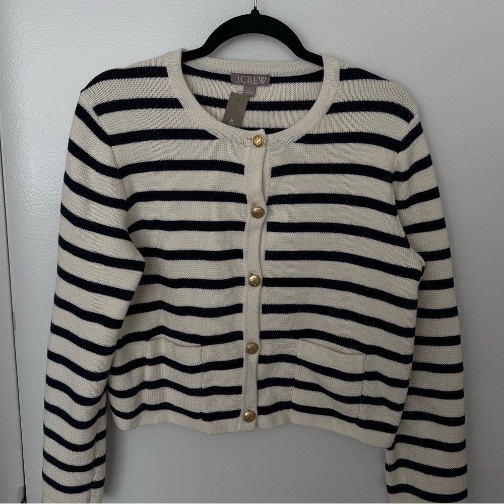 J. Crew Cream & Navy Striped Cardigan Sweater NWT!